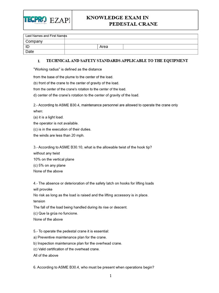 Pedestal Crane Knowledge Exam Guide | PDF | Crane (Machine)