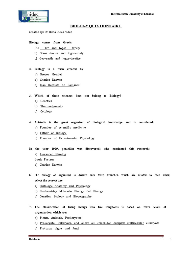Biology Questionnaire for Students | PDF | Cell (Biology) | Biology