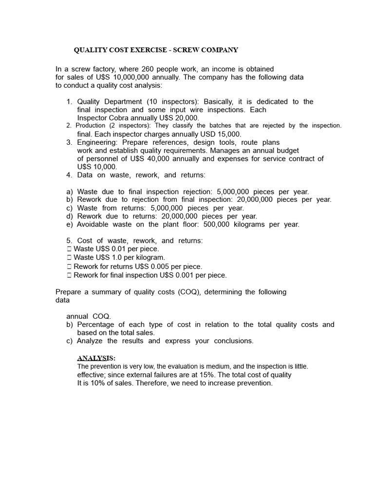 Quality Cost Analysis for Screw and Nail Companies | PDF | Cost