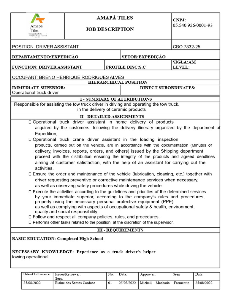 Driver Assistant Job Description at AMAPÁ | PDF | Truck Driver