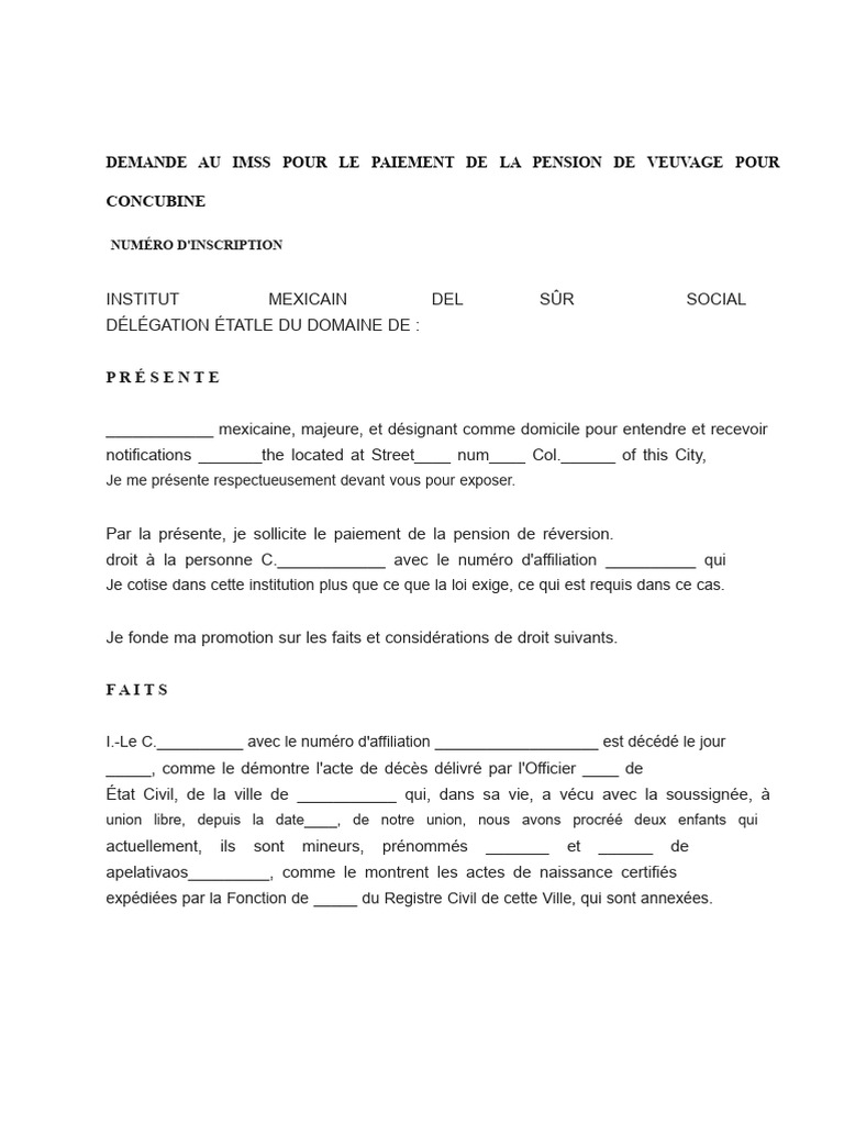 Demande de pension de veuvage IMSS | PDF | Concubinage | Certificat de ...