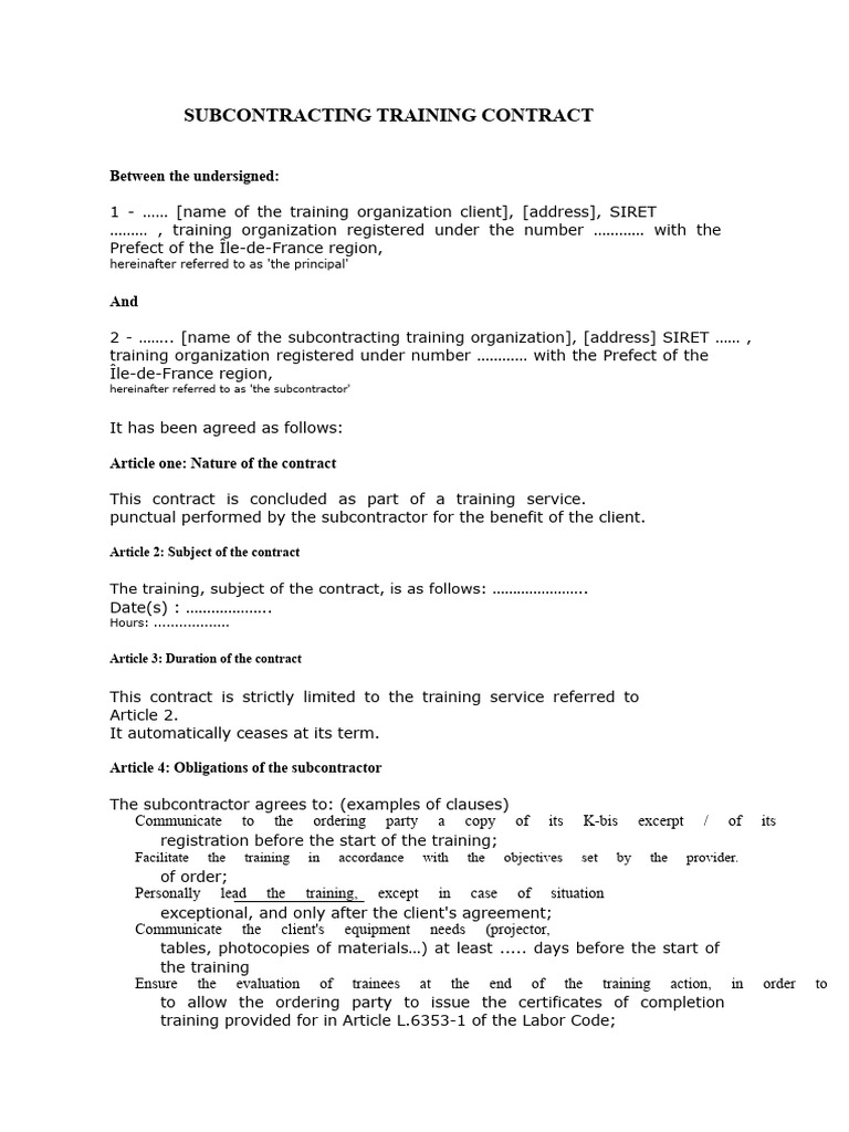 Subcontracting Training Agreement Template | PDF | Subcontractor | Business