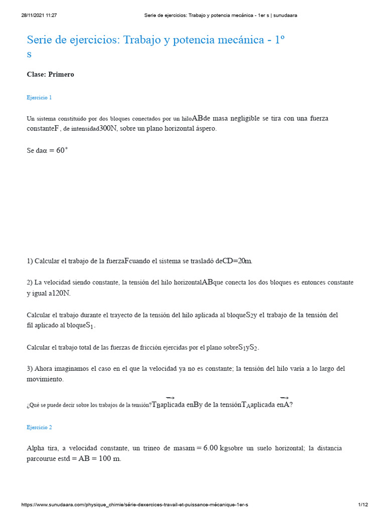 Serie de ejercicios _ Trabajo y potencia mecánica - 1er s | PDF ...