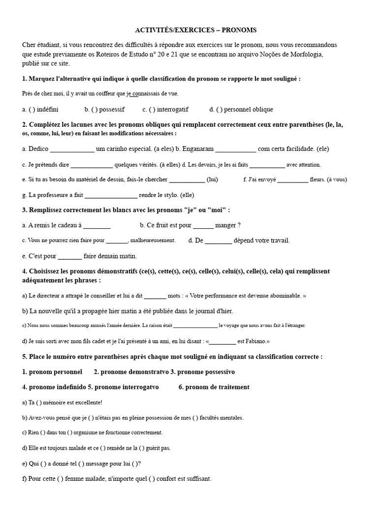 Exercices sur les pronoms en français | PDF | Pronom | Sémantique