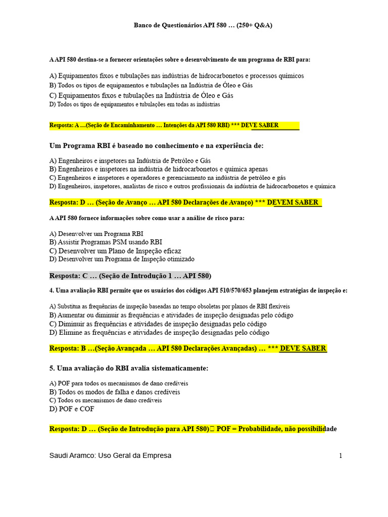 Banco de Questionários API 580: RBI Q&A | PDF | Avaliação de risco ...