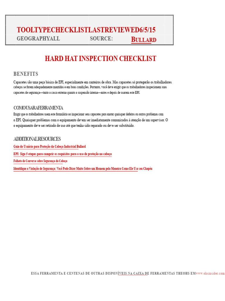 Checklist de Inspeção de Capacetes de Segurança | PDF