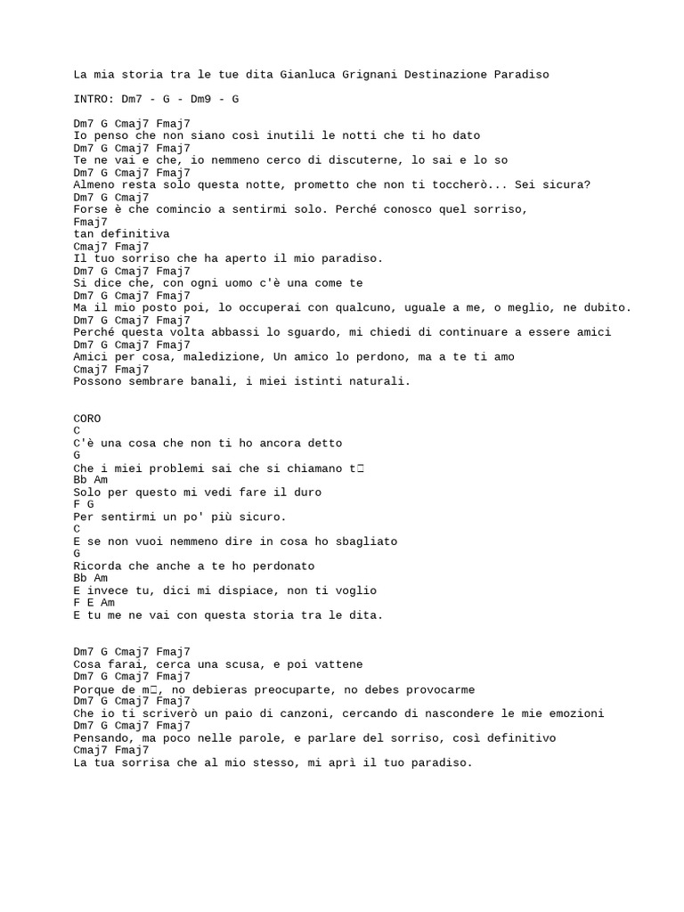 La Mia Storia Tra Le Tue Dita Accordi | PDF