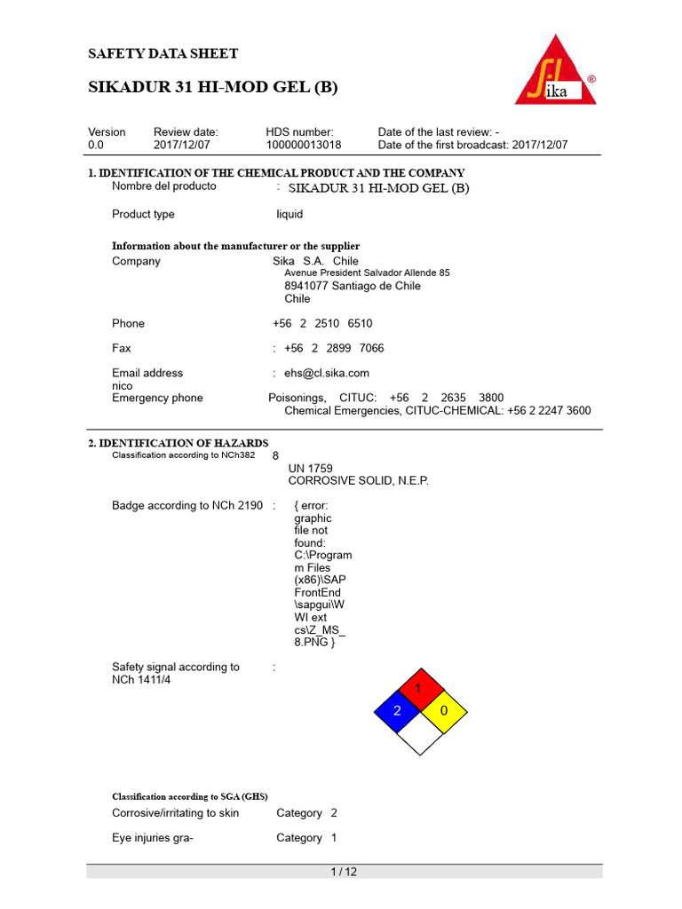 Safety Data Sheet for Sikadur 31 Gel | PDF | Dangerous Goods | Toxicity