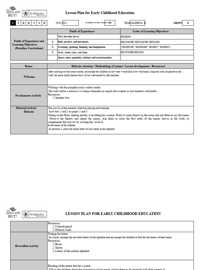 Early Childhood Education Lesson Plan | PDF