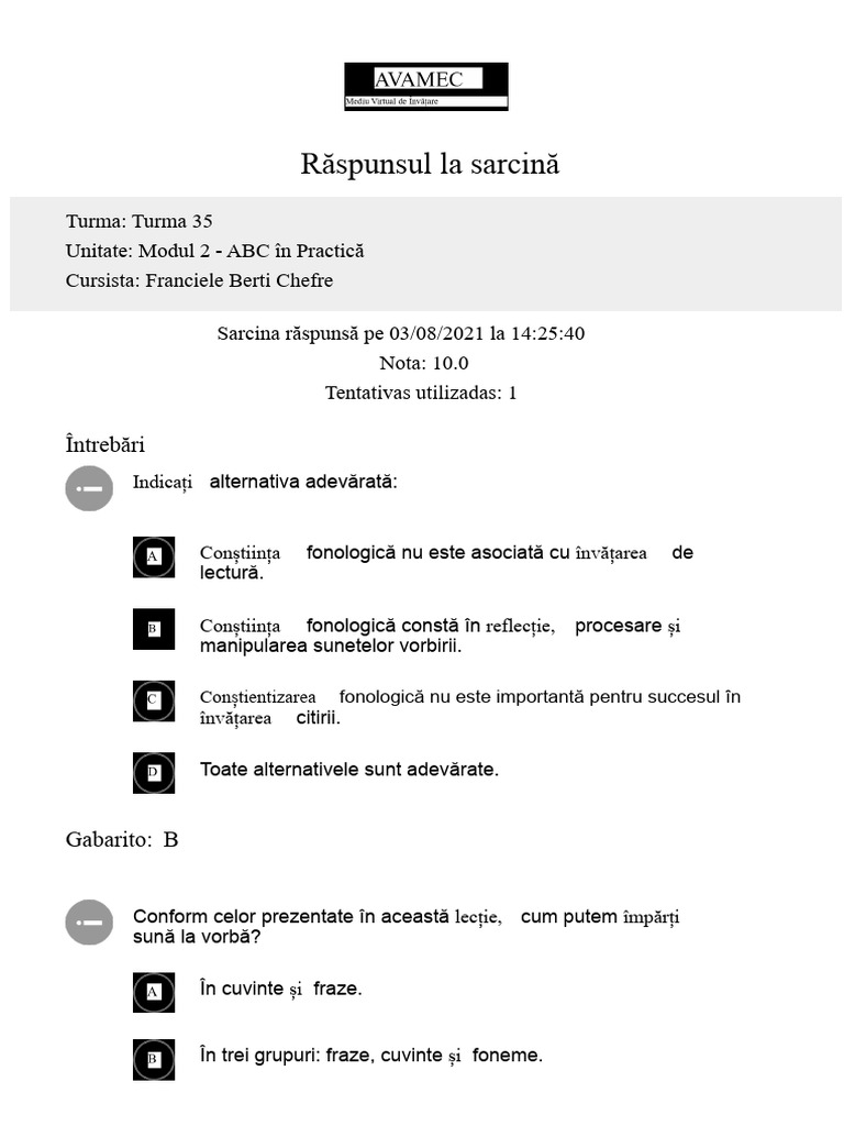 Răspuns-Chestionar-16. Quiz Modul 2 - ABC În Practică | PDF