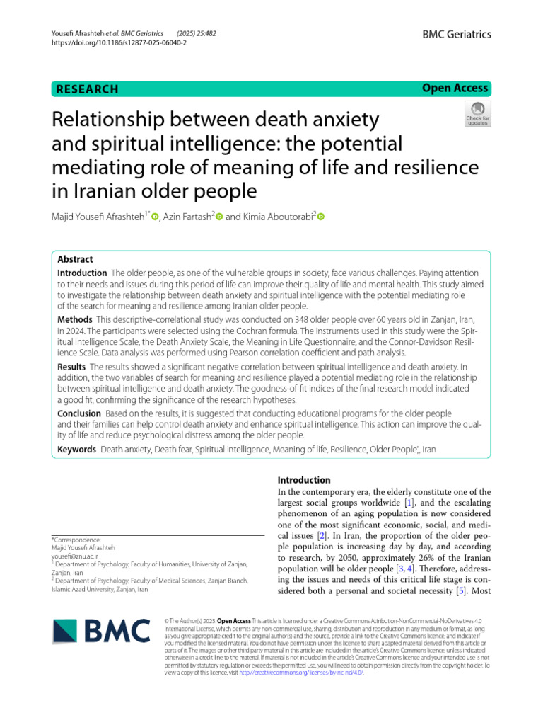 Relationship Between Death Anxiety and Spiritual Intelligence the ...