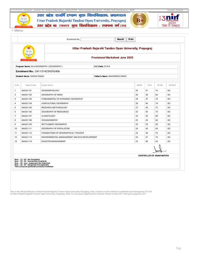Provisional Marksheet for M.A. Geography | PDF | Physical Sciences ...
