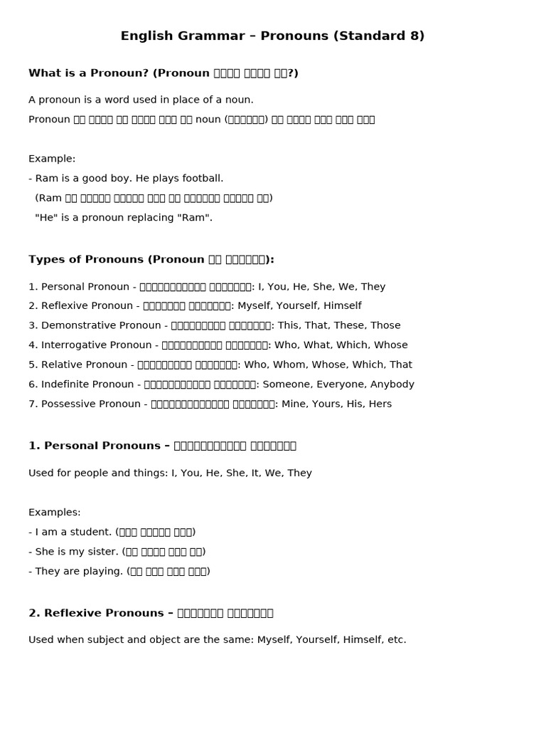 Pronoun Lesson Std8 | PDF | Pronoun | English Grammar