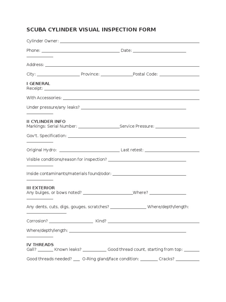 Scuba Cylinder Visual Inspection Form