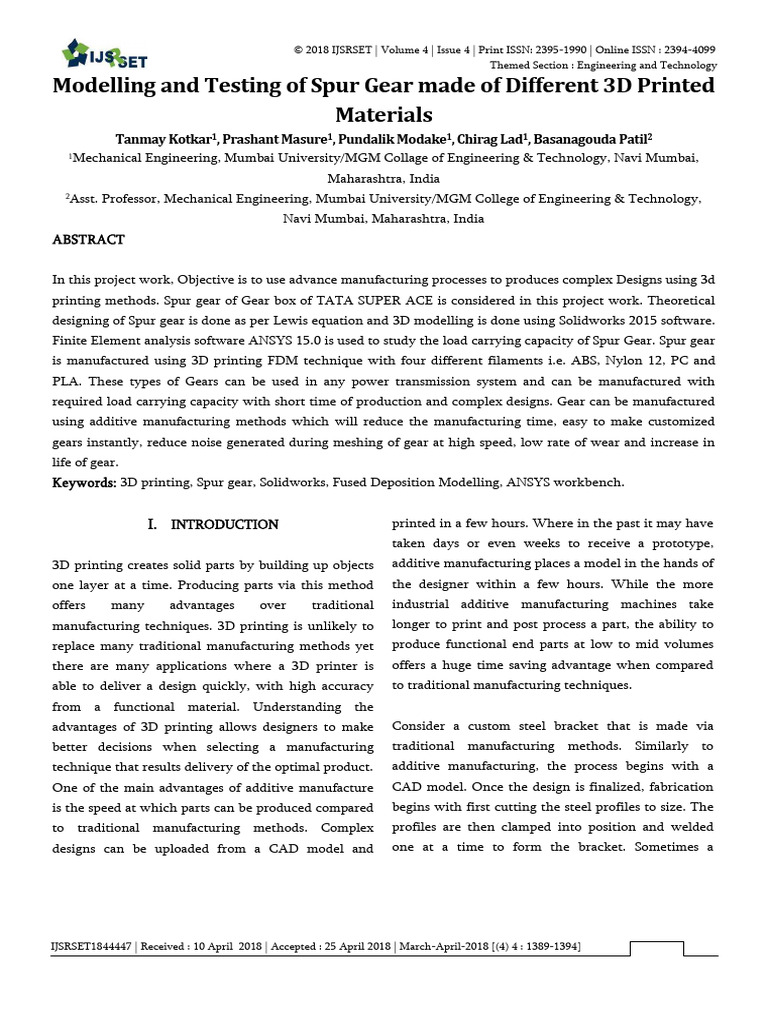 3D Printed Spur Gear Analysis and Testing | PDF | 3 D Printing | Gear