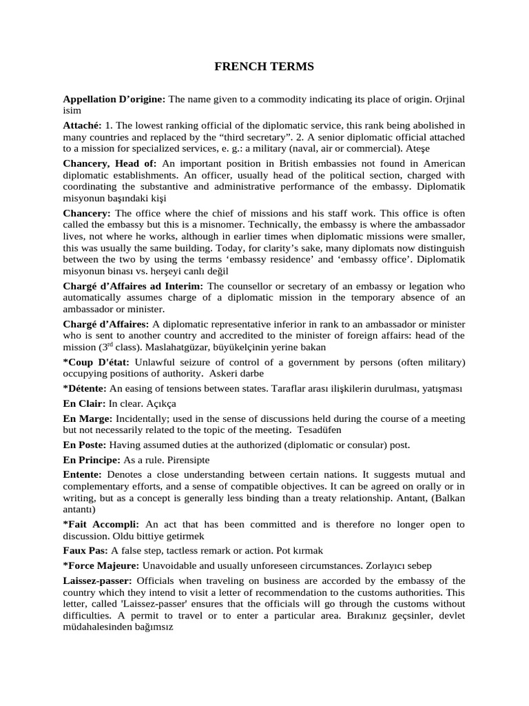 Essential French Diplomatic Terms | PDF | Diplomatic Mission | Treaty