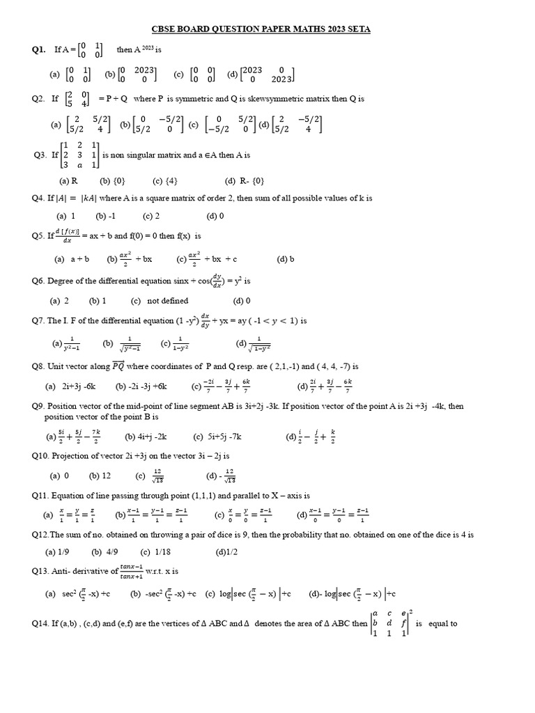 CBSE 2023 Maths Question Paper Set A | PDF | Algebra | Applied Mathematics