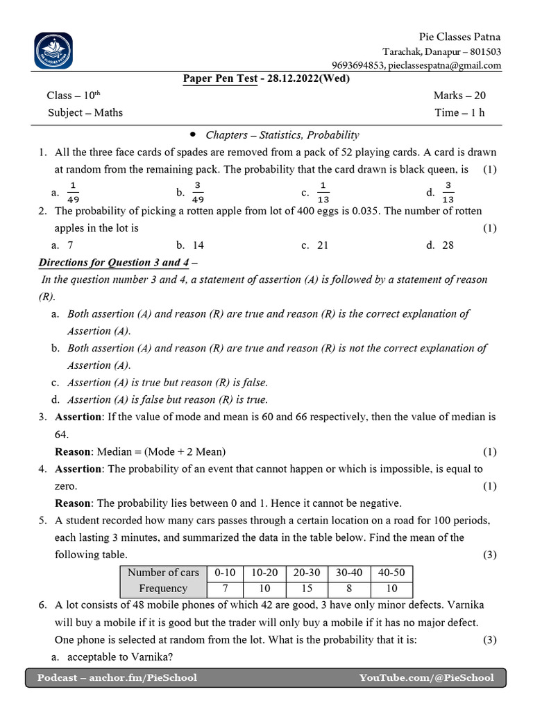 Paper Pen Test Class 10 Board 1 | PDF | Mean | Median