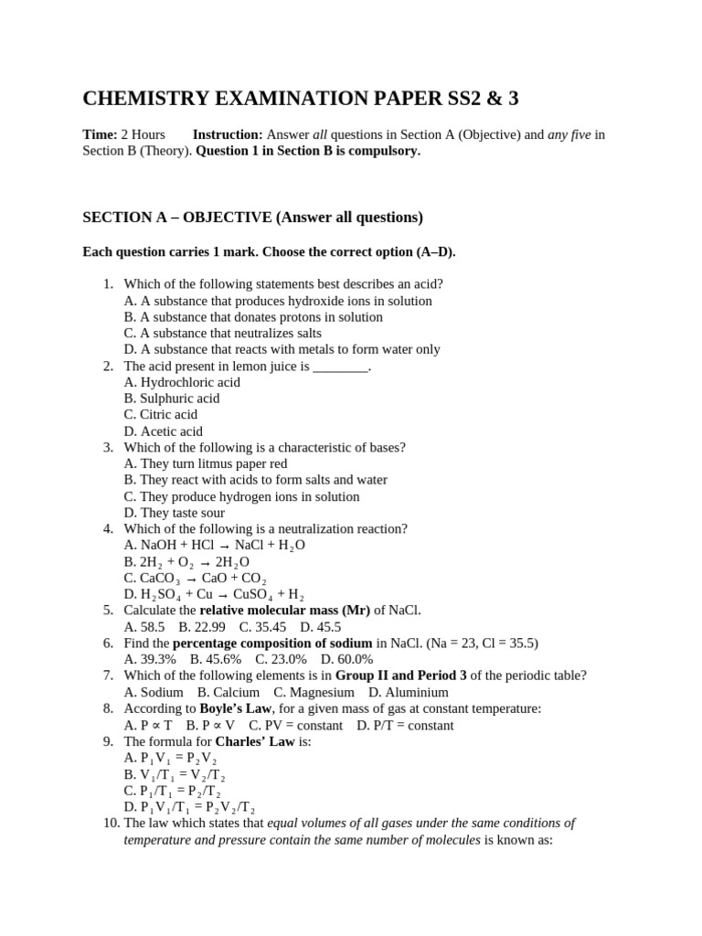 SS2 & 3 Chemistry Exam Paper | PDF | Gases | Acid