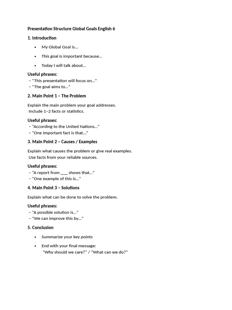 Global Goals Presentation Structure Guide | PDF