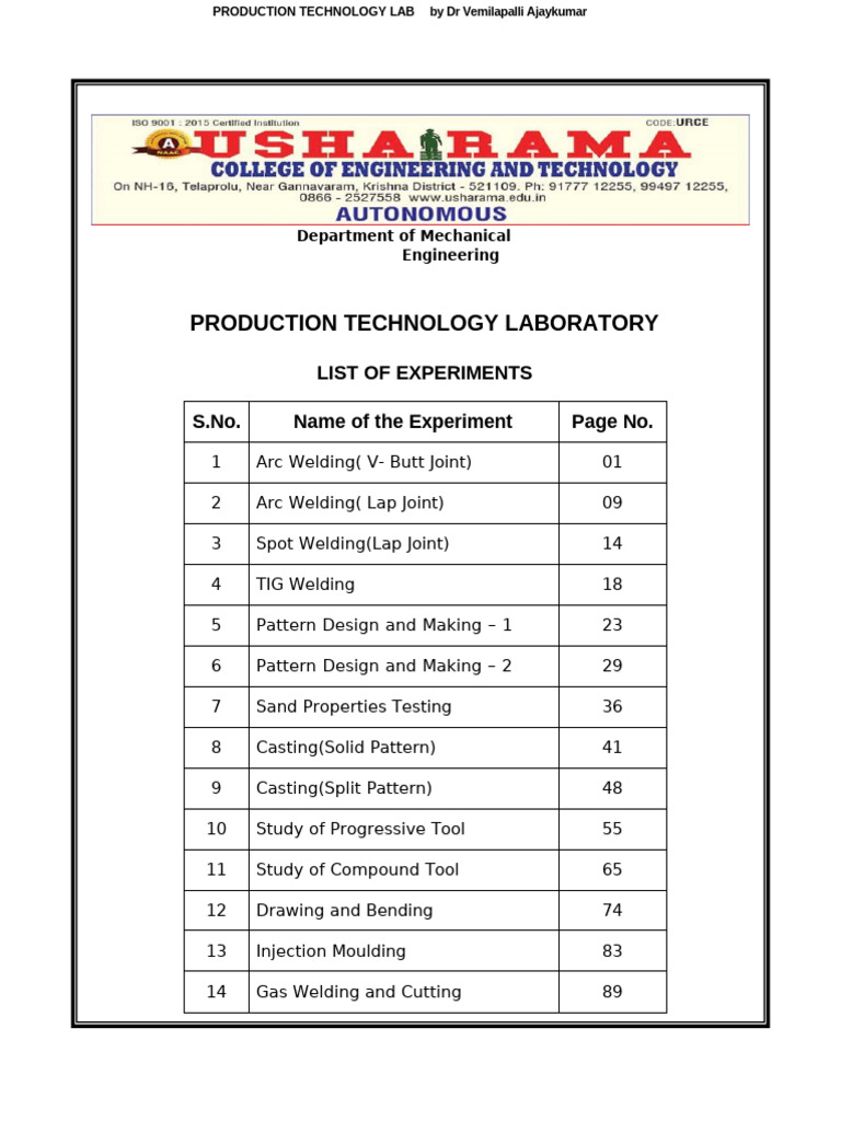Production Technology Lab Experiments | PDF | Welding | Construction