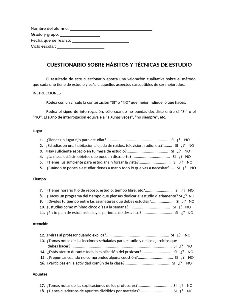 Cuestionario de Hábitos de Estudio | PDF