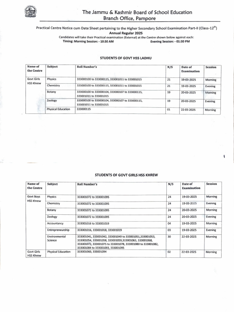 J&K Class 12 Practical Exam Schedule 2025 | PDF | Science
