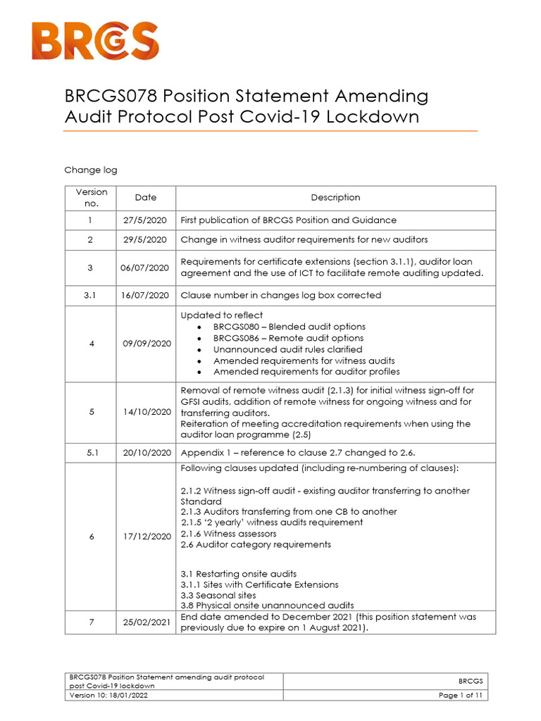 BRCGS078 Position Statement Amending Audit Protocol Post Covid-19 ...