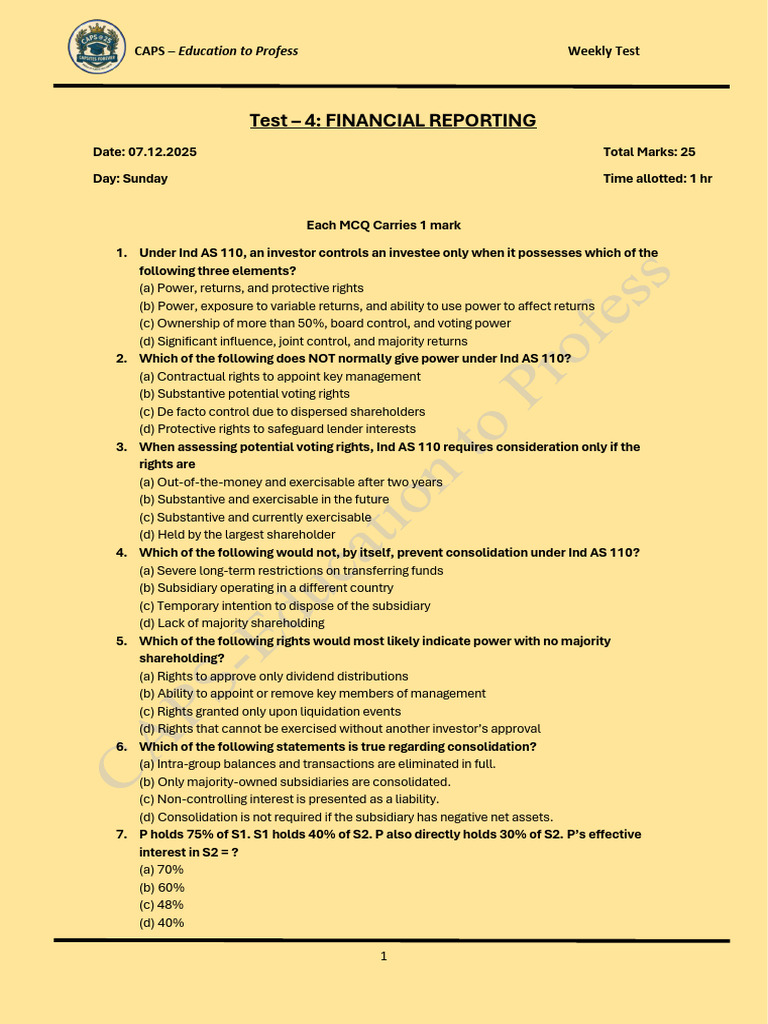 Financial Reporting Weekly Test Guide | PDF | Equity (Finance ...