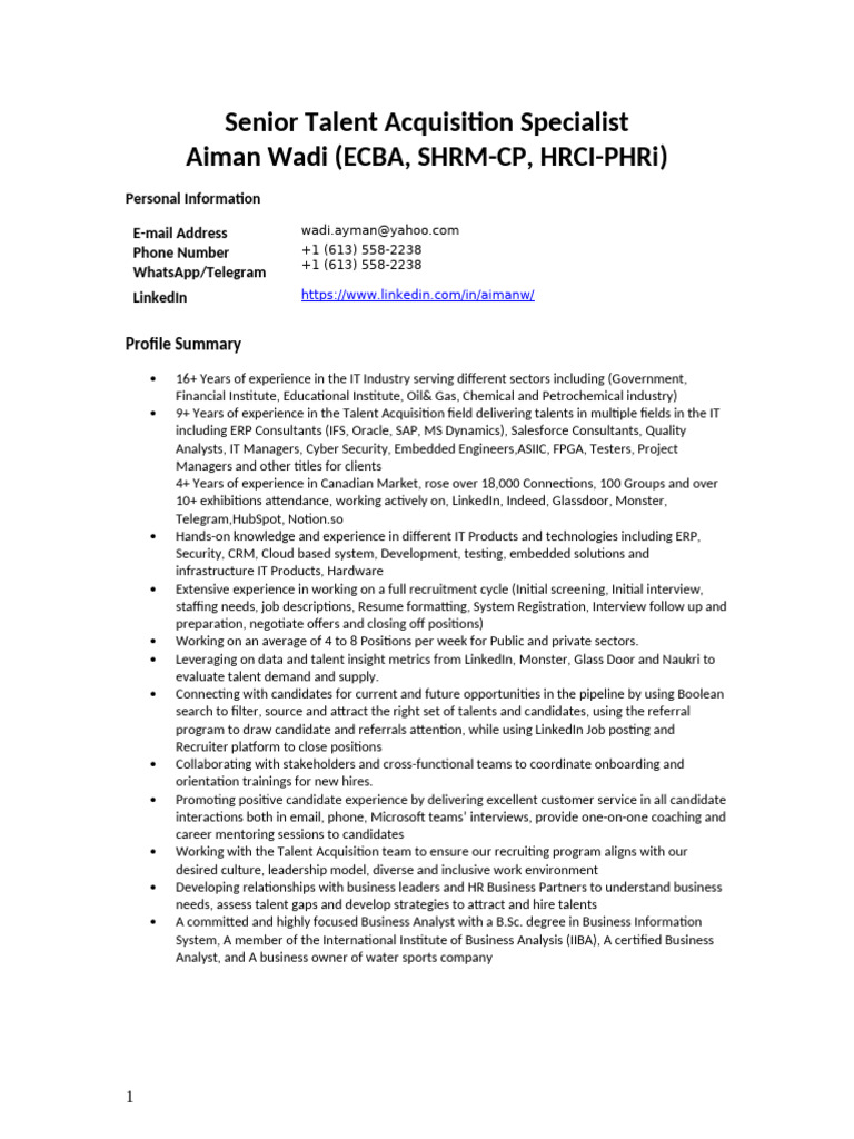 Aiman Wadi-Senior Talent Acquisition Specialist-Resume | PDF ...