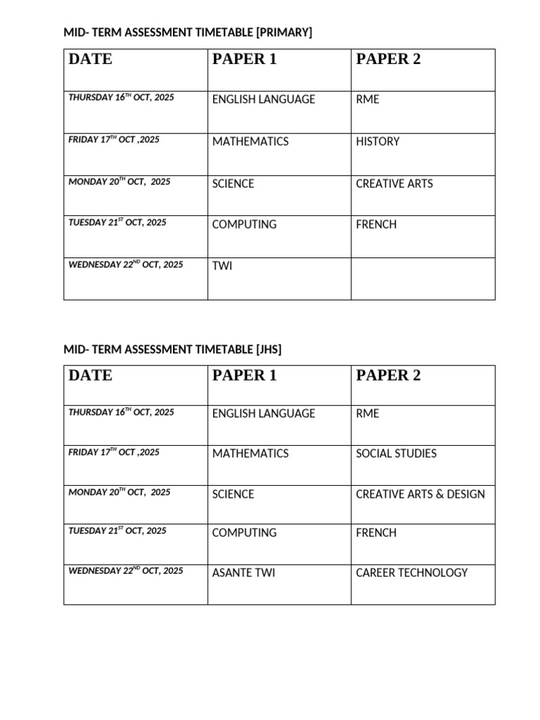 JHS Mid-Term Assessment Timetable 2025 | PDF