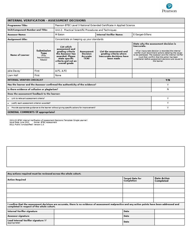 BTEC Internal Verification Template | PDF