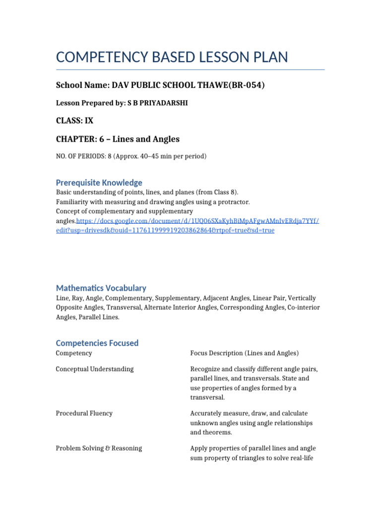 Competency-Based Lesson Plan: Lines & Angles | PDF | Angle | Elementary ...