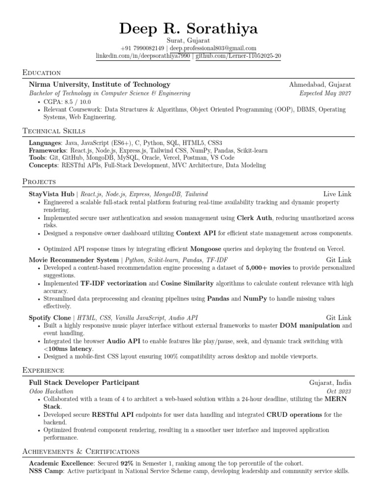 Full Stack Developer Resume - Deep Sorathiya | PDF | Java Script ...