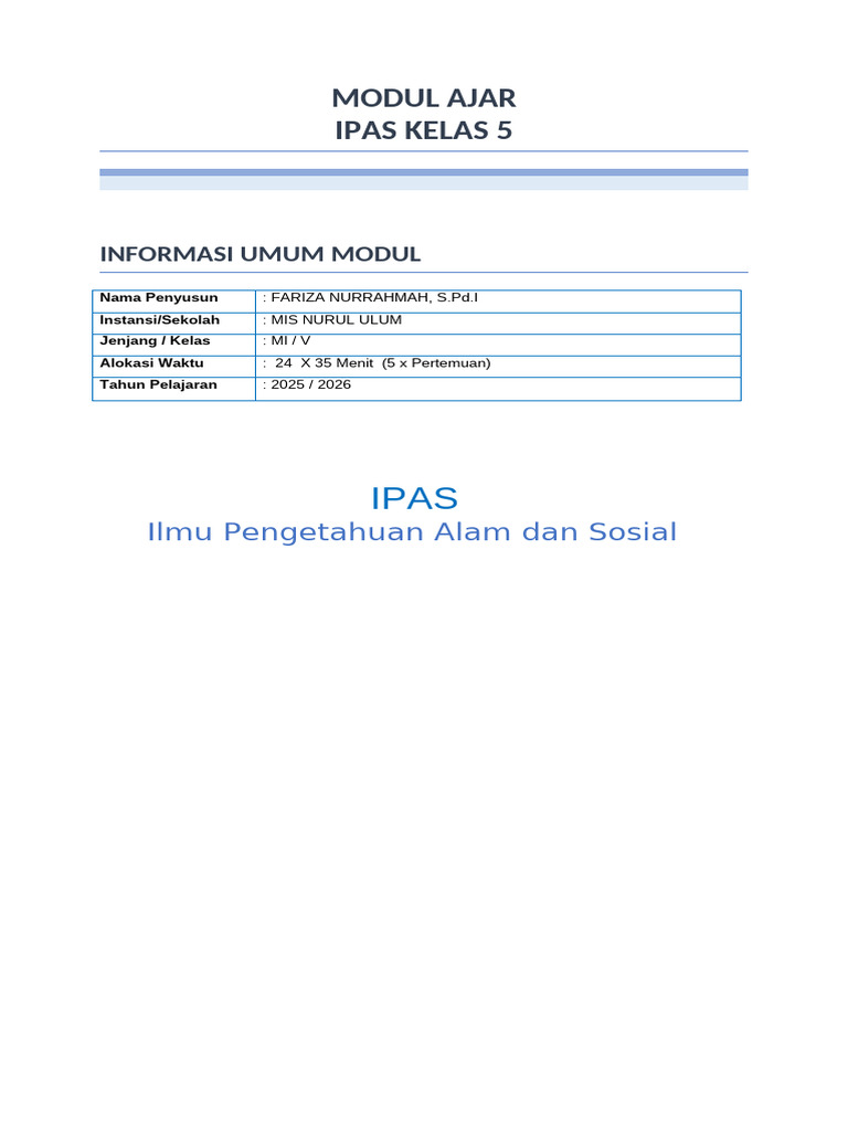 Modul Ajar IPAS Kelas 5 MI 2025/2026 | PDF