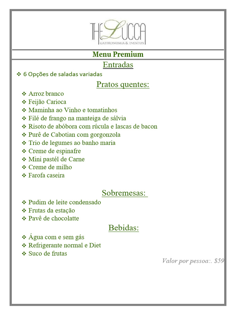 Menu Premium: Entradas, Pratos e Sobremesas | PDF