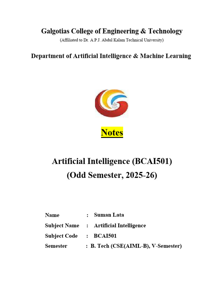 AI Course Notes for BCAI501, 2025-26 | PDF | Artificial Intelligence ...