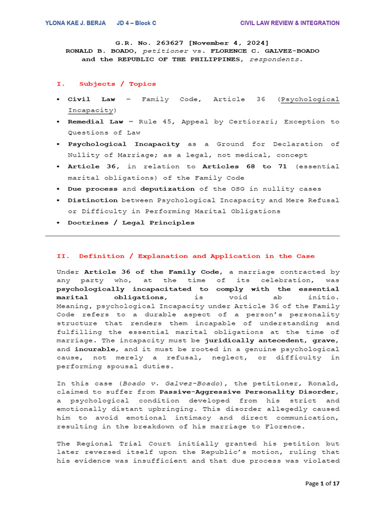 Psychological Incapacity in Marriage Nullity | PDF | Annulment | Marriage