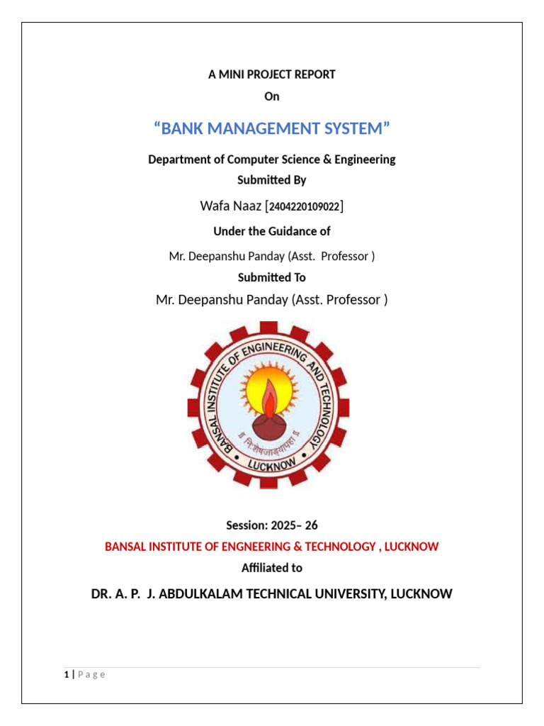 Bank Management System Mini Project Report | PDF | Databases | Banks