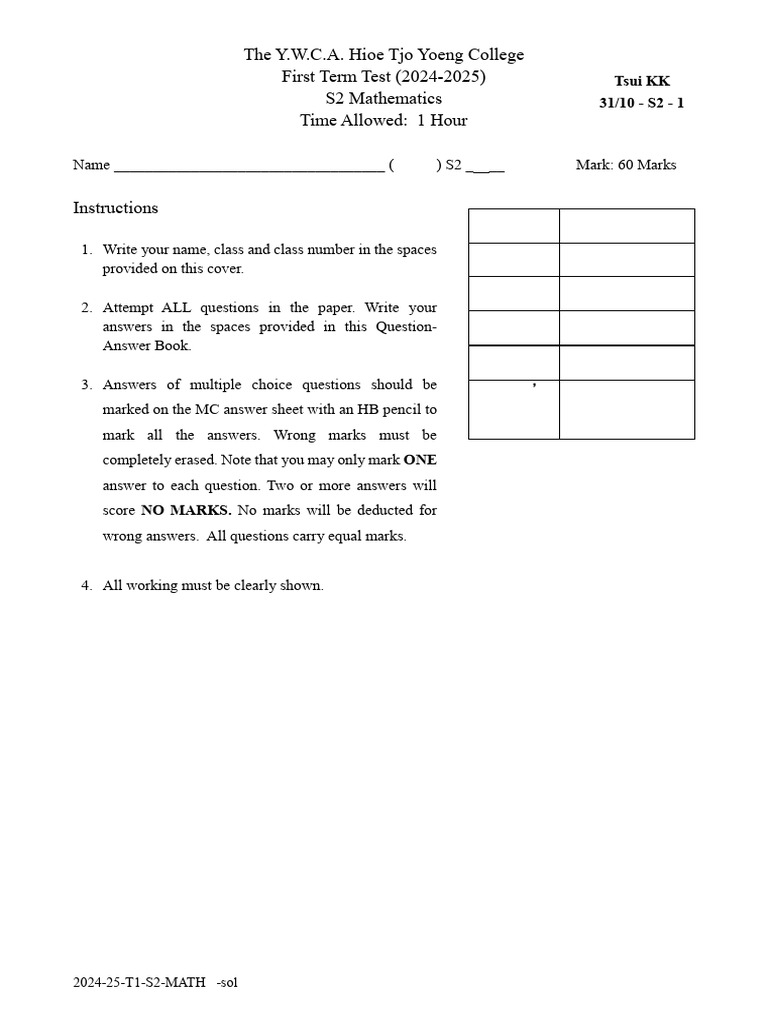 S2 Mathematics Test 2024-25 | PDF | Mathematics