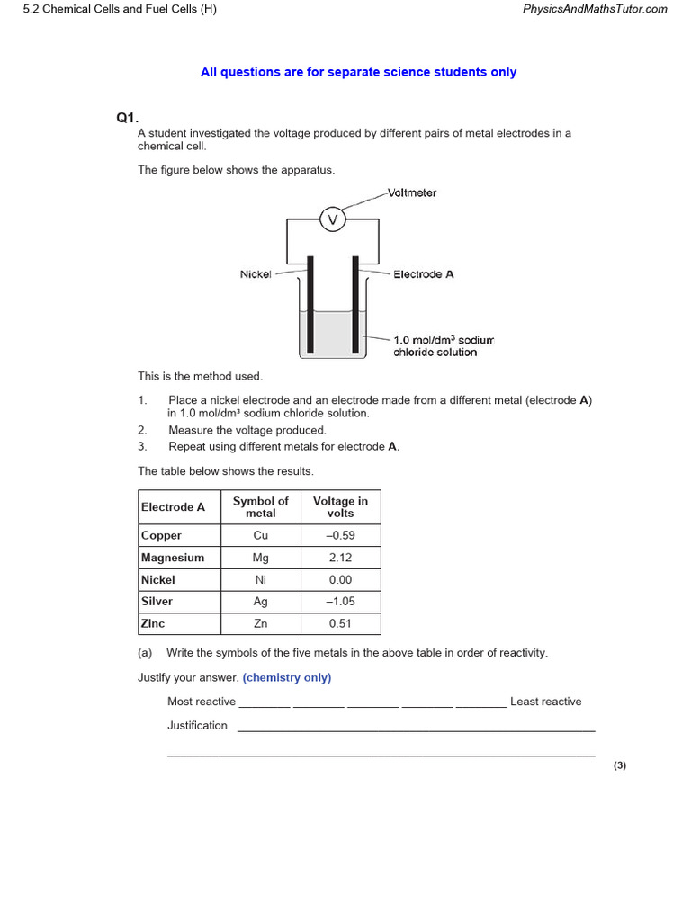 5.2 Chemical Cells and Fuel Cells (H) QP | PDF | Electrode | Metals