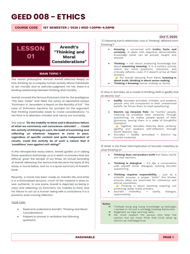 Ethics Notes | PDF | Hannah Arendt | Socrates