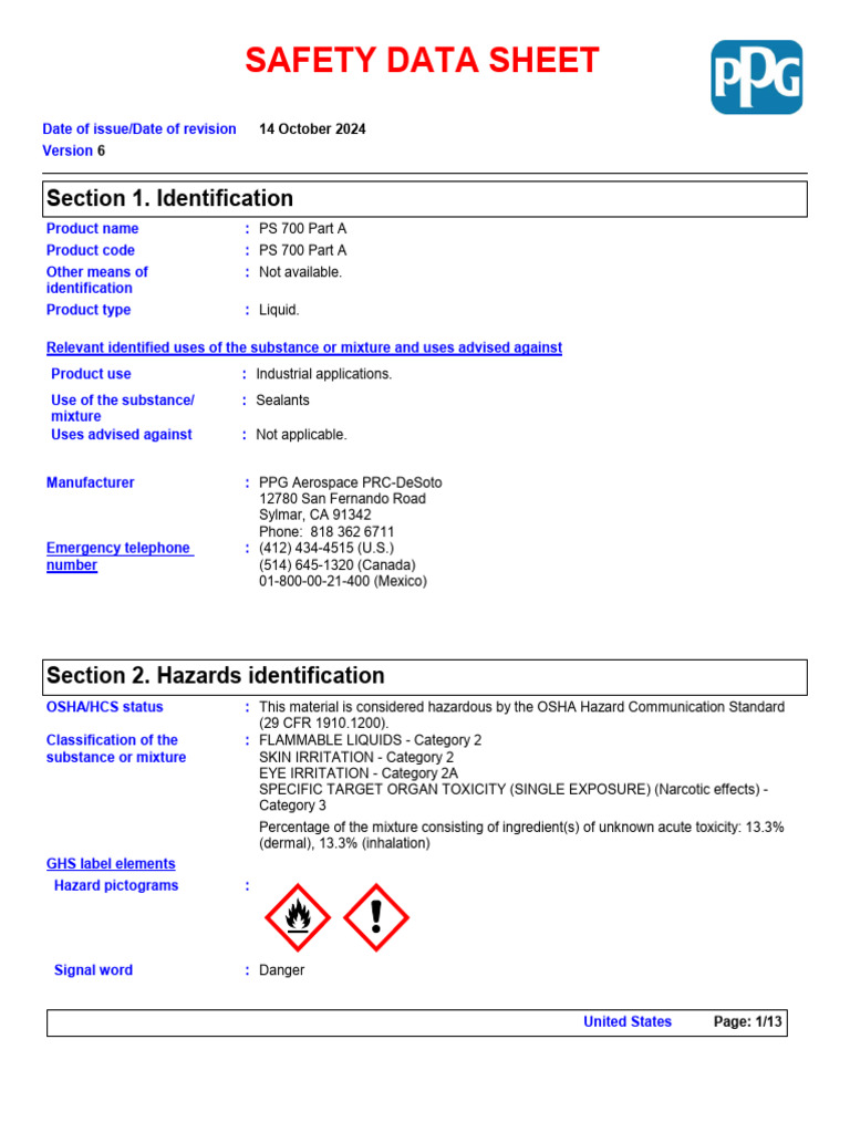 PS 700 Part A Safety Data Sheet | PDF | Toxicity | Occupational Safety ...