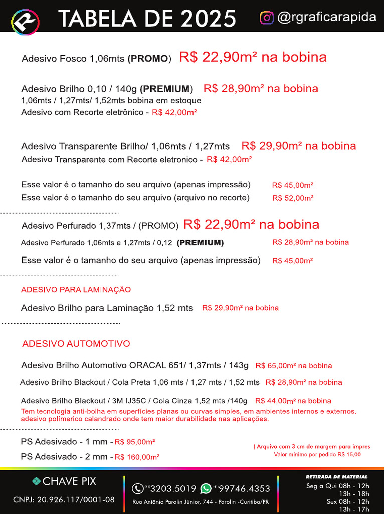 Tabela Adesivos Revenda 2025 | PDF