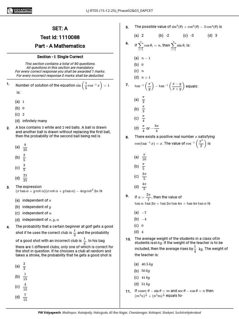 Mathematics Test Set A: 80 Questions | PDF | Pi | Mathematical Objects