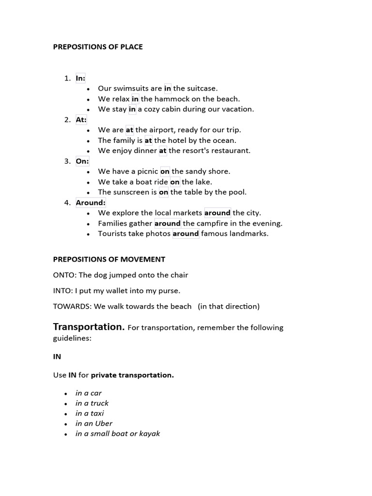 Prepositions of Place - Explanation | PDF