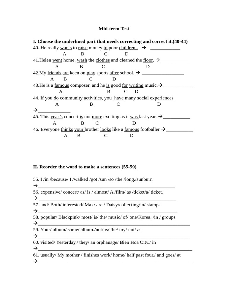 Mid-term English Test: Grammar and Sentence Structure | PDF