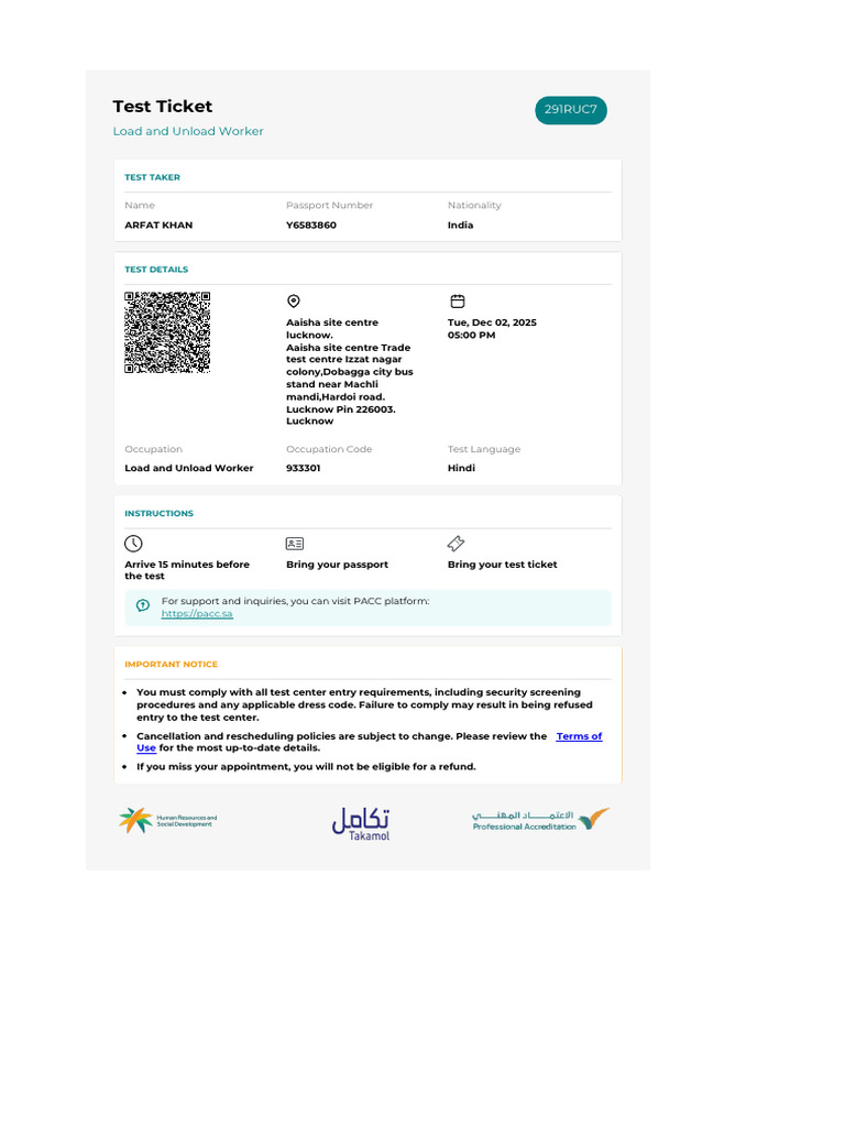 ARFAT KHAN - Load and Unload Worker - Ticket - 1563697 | PDF