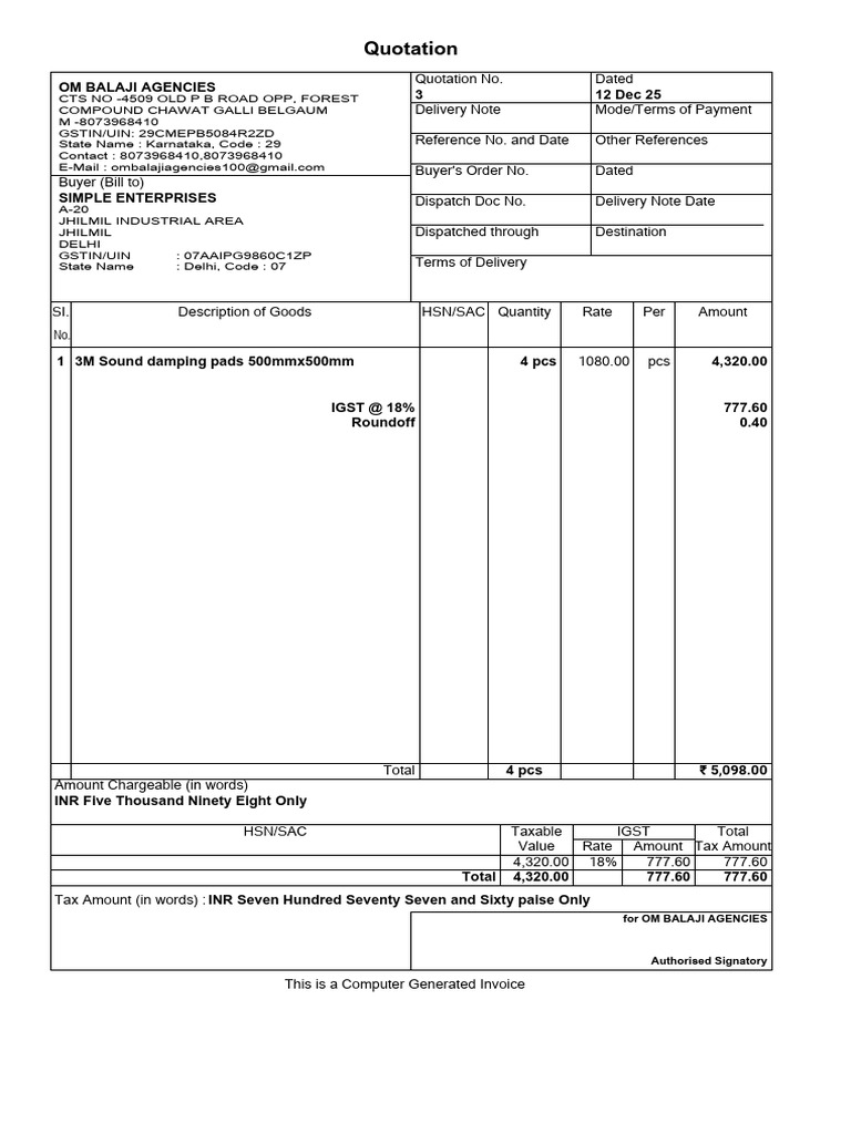 Computer Generated Invoice for Quotation | PDF