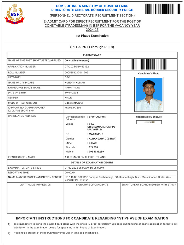 Rectt.bsf.Gov.in Applicant Print-card Id=4438397 | PDF | Government And ...